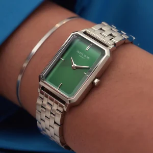 Orologio rechthoekig dameshorloge zilverkleurig en groen