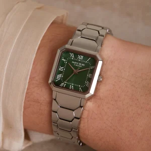 Orologio vierkant dameshorloge zilverkleurig en groen