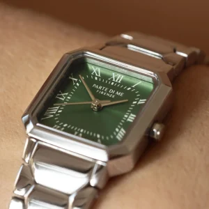 Orologio vierkant dameshorloge zilverkleurig en groen